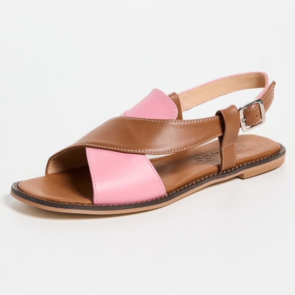 NEW Shekudo Cove Sandals Pink Tan Brown Leather Open Toe Sandals Back Strap - Picture 2 of 8